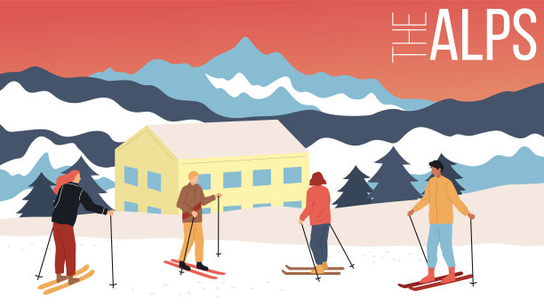滑雪概念，冬季旅游。一群人在阿尔卑斯滑雪装备。美丽的山景与丘陵，家庭酒店和令人兴奋的自然。卡通平面风格矢量插图图片下载