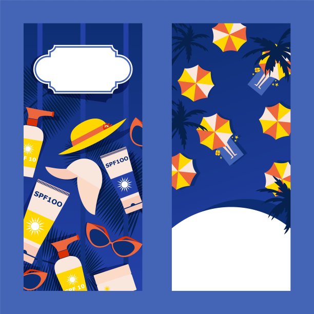 皮肤防晒，日光浴床，防晒霜，防晒系数100，帽子，棕榈树叶，薄片平面矢量插图。在沙滩上放松。图片下载