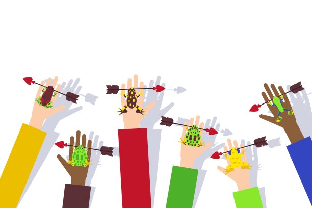 青蛙卡通动物与箭头坐在人的手矢量插图为浪漫的明信片与文字的地方。图片下载