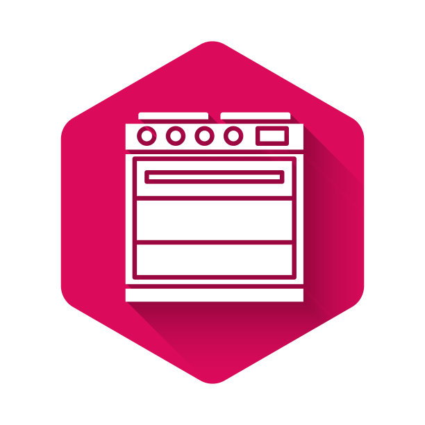 白色烤箱图标孤立与长影子。煤气炉标志。粉红色的六角按钮。矢量图图片下载