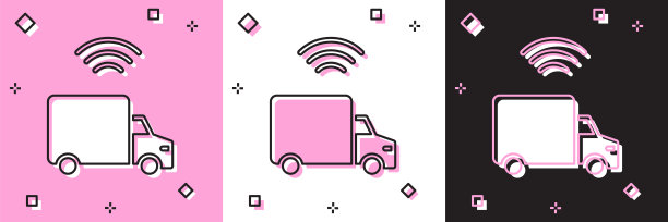 设置智能送货货车车辆与无线连接图标隔离在粉红色和白色，黑色背景。向量图片下载