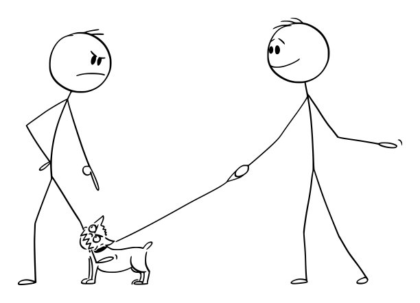 矢量卡通插图愤怒的人与小型攻击性狗或吉娃娃在皮带或铅咬他的腿，主人是微笑图片下载