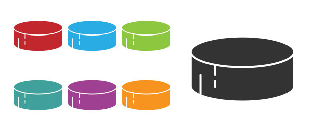 在白色背景上隔离的黑色冰球图标，运动器材，设置图标丰富多彩，矢量图图片下载