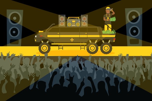 说唱音乐会表演，舞台上的礼赞，卡通人物，矢量插图图片下载