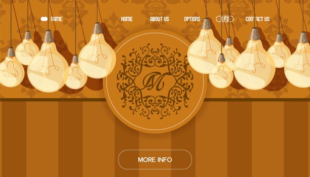 互联网横幅照明的东西，字母与照明设备矢量插图。联系我们，关于我们，家，选项按钮。图片下载
