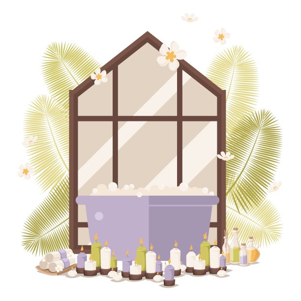 舒适的浴室与蜡烛，全景窗，热带卫生程序，放松身体洗矢量插图，孤立在白色。图片下载