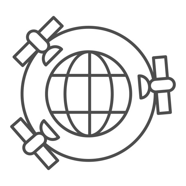 行星与GPS卫星细线图标，导航概念，三颗卫星绕地球标志在白色背景，行星地球和卫星图标的轮廓风格。矢量图形。图片下载