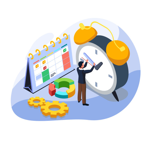 男人设置闹钟时间表来管理他的工作时间。男有日历、闹钟、信息图。等距时间管理概念。向量图片下载