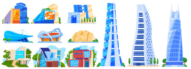 城市现代建筑矢量插图集，卡通平面收集城市城市景观住宅，商业办公或家庭摩天楼图片下载
