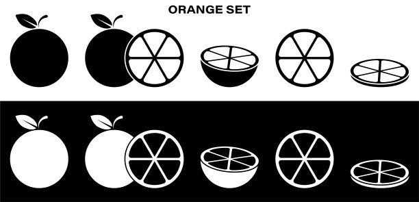 全套橘子，柚子，普通话图标。整片，切片，切成小卷。部分菜单设计。黑白矢量图片下载