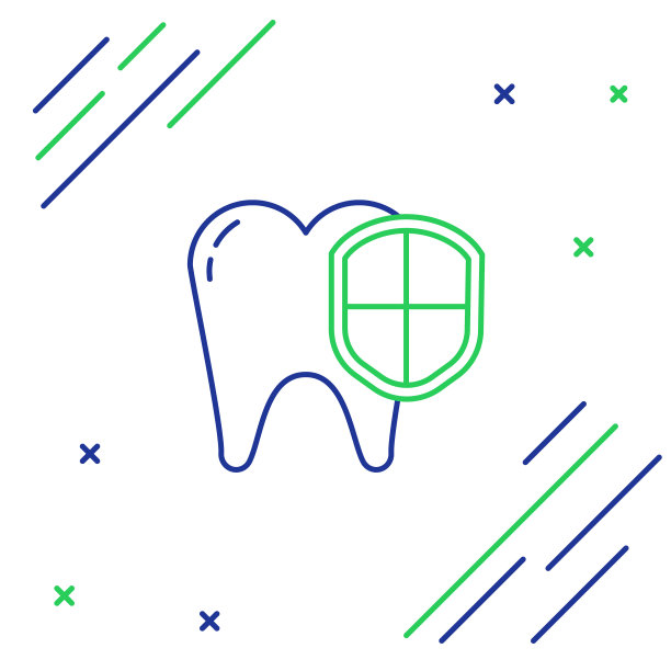 牙齿保护图标隔离在白色背景上。盾徽上的牙齿。色彩斑斓的轮廓的概念。向量图片下载
