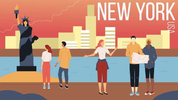 纽约观光概念。人们参观纽约。男性和女性角色与城市地图访问著名的城市地标，欣赏景观。卡通平的风格。矢量图图片下载