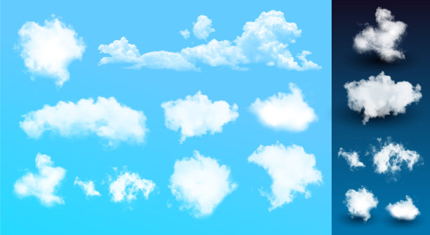 一组现实的云。背景与云彩在浅蓝色的天空。矢量插图。在蓝色背景下隔离图片下载