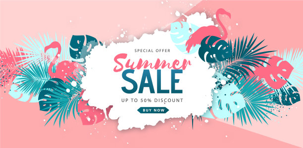 印有热带树叶的夏季促销海报图片下载
