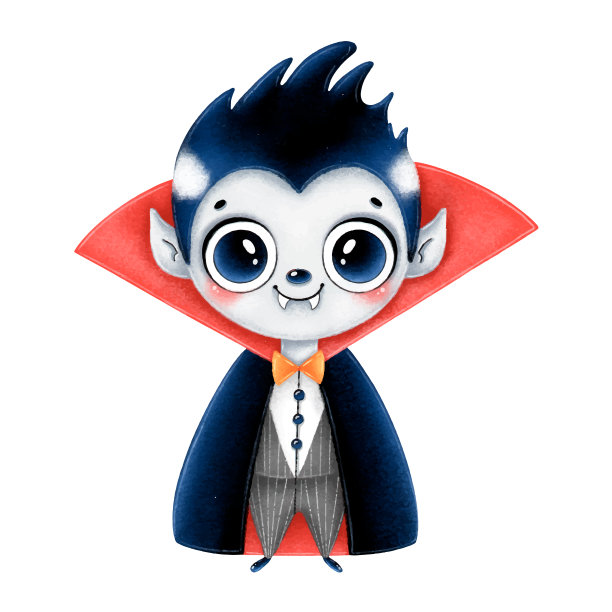 一个可爱的卡通万圣节年轻吸血鬼在红色斗篷孤立在白色的背景。图片下载