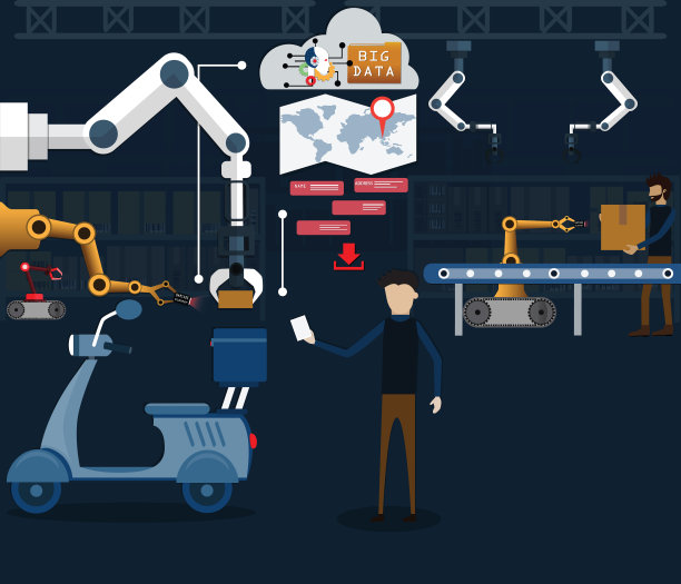 智能物流服务使用机器人和人工智能在每个区域打包，使配送人员工作轻松——矢量图片下载