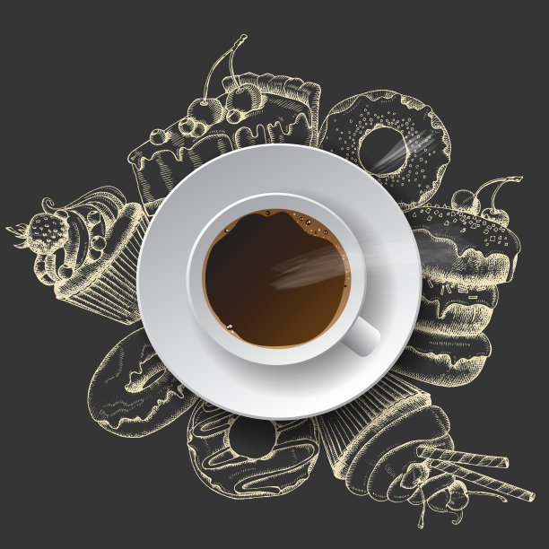 海报与照片逼真的咖啡杯和手绘涂鸦甜甜圈，奶酪蛋糕和纸杯蛋糕。喝咖啡的时间到了。素描,刻字。横幅,传单,小册子。广告图片下载