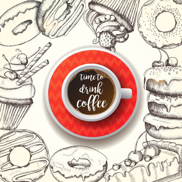 海报与照片逼真的咖啡杯和手绘涂鸦甜甜圈，奶酪蛋糕和纸杯蛋糕。喝咖啡的时间到了。素描,刻字。横幅,传单,小册子。广告图片下载