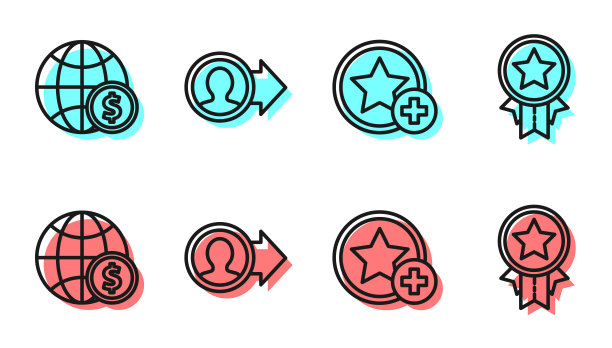 设定线星，地球与美元，工作晋升和奖章与明星图标。向量图片下载