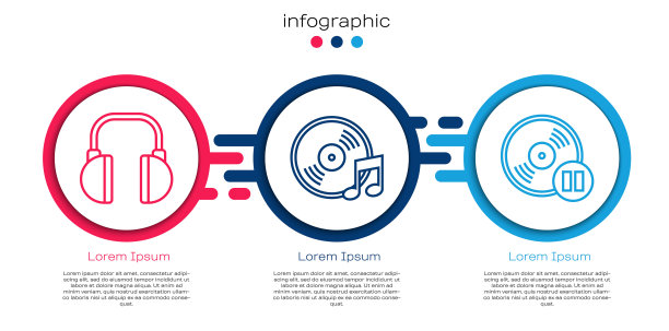 设置线耳机，黑胶唱片和黑胶唱片。业务信息模板。向量图片下载