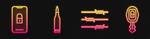 设置铁丝网，移动与封闭挂锁，子弹和汽车钥匙与遥控器。发光的霓虹灯图标。向量图片下载
