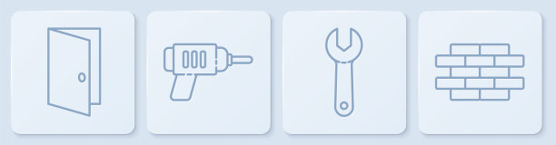 固定线路闭门，扳手，电钻，砖。白色正方形按钮。向量图片下载