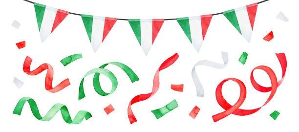 水彩画的节日花环与条纹三角形旗帜和飞行多颜色的聚会五彩纸屑收集。手绘水彩图形绘画，裁剪裁剪元素的设计。图片下载