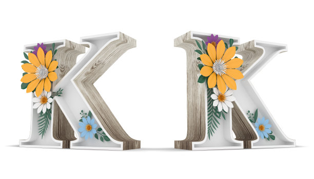 木质字母和彩色花朵装饰在白色的背景与剪切路径。3 d渲染插图。图片下载