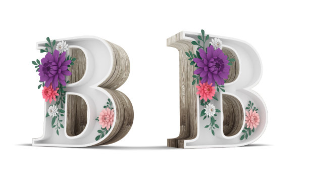 木质字母和彩色花朵装饰在白色的背景与剪切路径。3 d渲染插图。图片下载
