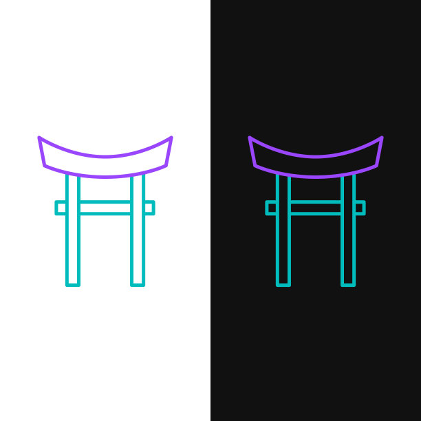 线日本门图标孤立在白色和黑色的背景。鸟居的迹象。日本传统古典大门符号。色彩斑斓的轮廓的概念。向量图片下载