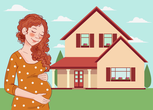 孕妇梦到孩子。母亲和怀孕。以绿色景观为背景的乡村别墅图片下载