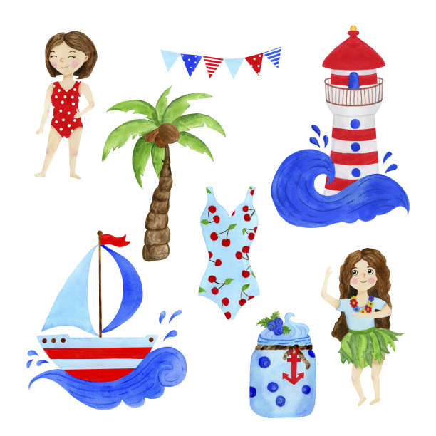 明亮的红色和蓝色的海洋主题，为假日装饰。图片下载