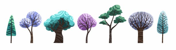 冬天的树孤立的白色载体。老的和年轻的卡通美丽的树木设置股票平插图。图片下载