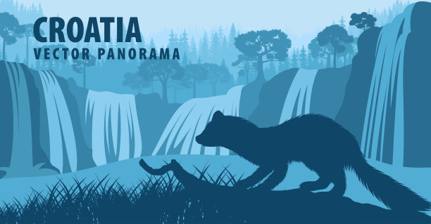 向量全景克罗地亚松貂和瀑布图片下载