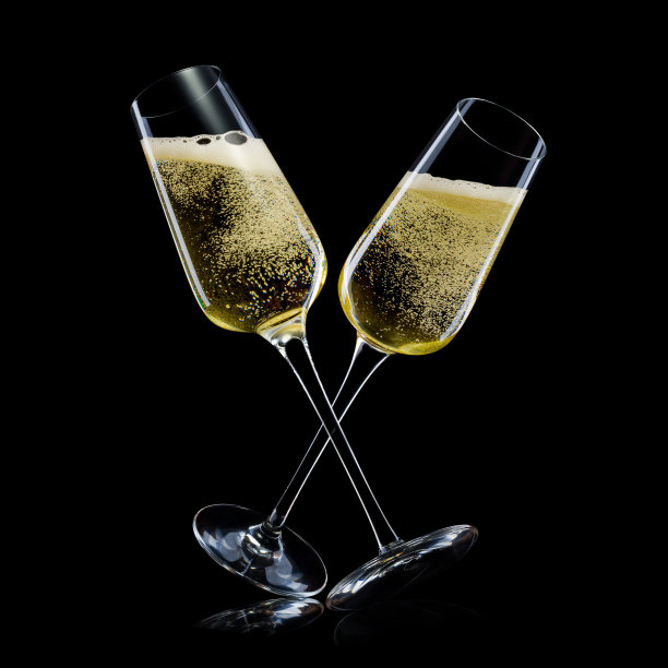 一套豪华香槟酒杯孤立在一个黑色的背景图片下载