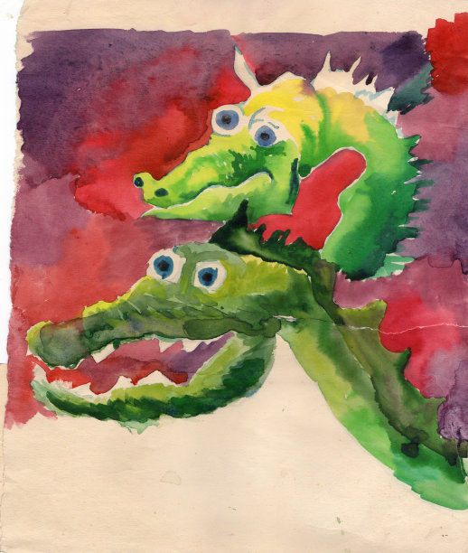 水彩在红、紫、米色的背景上画了两只童话般的绿龙。彩色插图，t恤印花，蜡染颜料图片下载