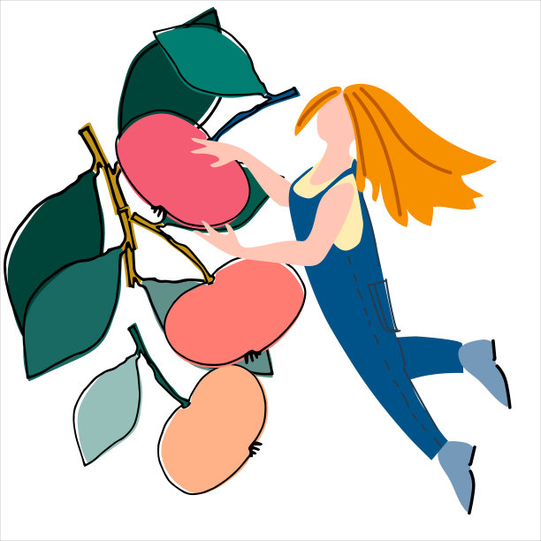 女人采摘苹果矢量插图在抽象平面风格。收获,田园旅游业的概念。新鲜水果的概念图片下载