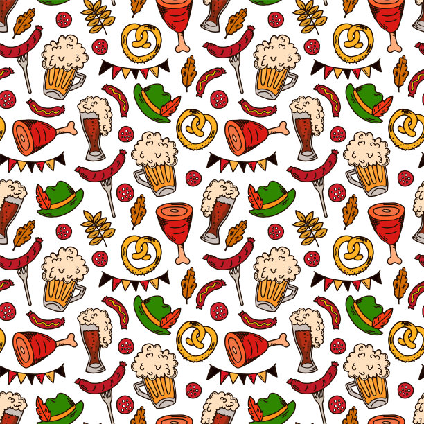 手绘啤酒节无缝图案。图片下载
