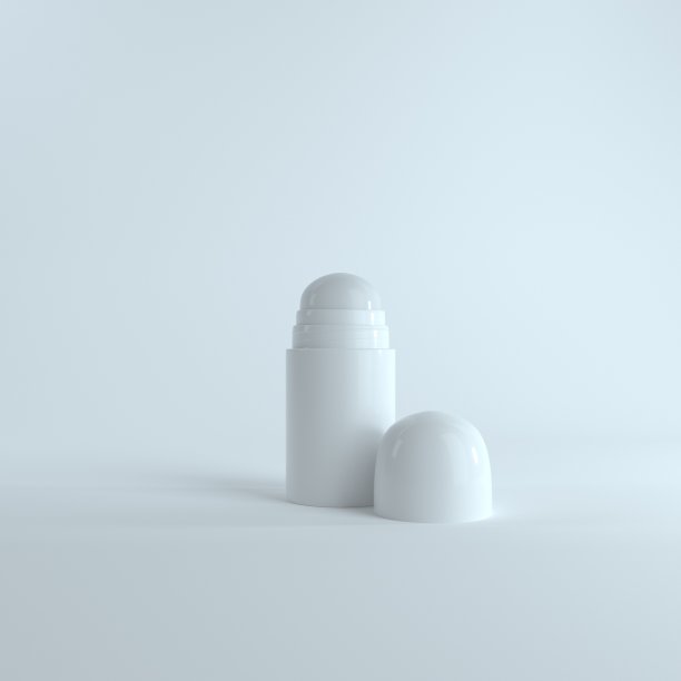 空白白色打开塑料瓶滚上香体剂模拟隔离在轻白色背景。逼真的白色防汗滚动模型。3D渲染。3D模型为您的设计。图片下载