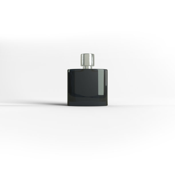 3 d渲染。香水瓶的3D模型。瓶子模型与空白标签为您的设计。孤立的黑色空白模型浅灰色背景。图片下载