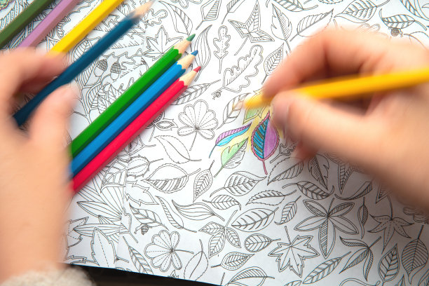 一种叫做成人涂色书的新潮东西的图片。在这张图片中，一个人正在为成年人的压力缓解涂色图片下载
