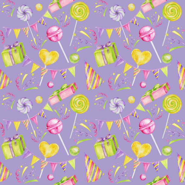 节日无缝图案彩色糖果，纸杯蛋糕，气球，礼物，五彩纸屑，星星，嘉年华帽。生日快乐或聚会贺卡，剪贴簿，织物，纹理，礼物纸的概念图片下载