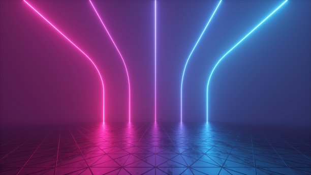 3d渲染，抽象的未来主义背景与发光的霓虹线，虚拟现实空间的复古房间，合成波紫外线梯度光谱图片下载