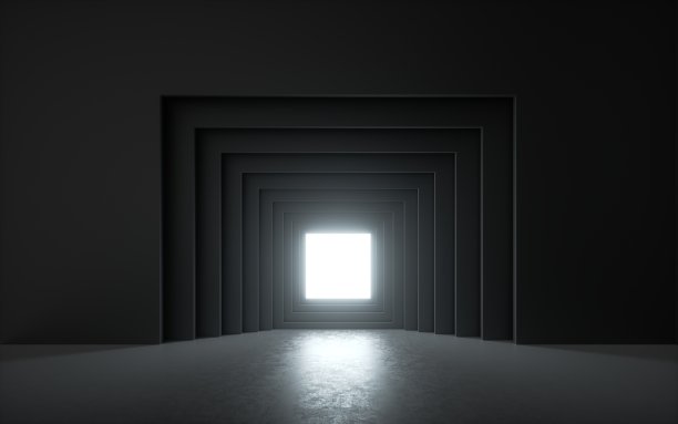 3d渲染，黑色房间里的白光。正方形几何框架，空剧场舞台与地板反射图片下载