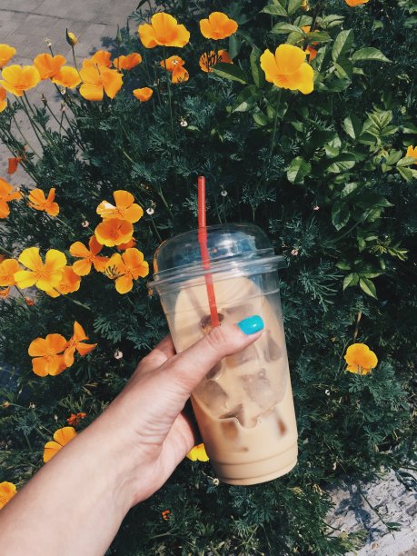 女人手里拿着一杯冷饮。咖啡冷饮。黄色的花在背景上。夏季摄影图片下载