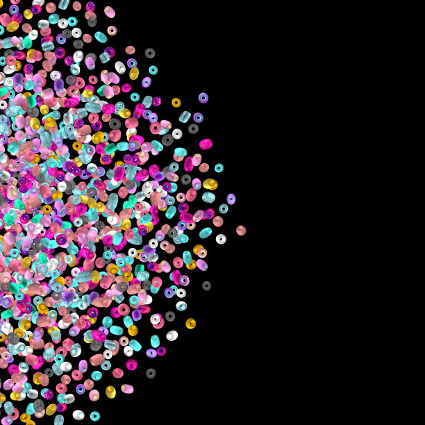 珠子的背景。时尚配件。手工工艺。玻璃珠俯视图。亮片。堆的宝石。莱茵石。现实的例子。3 d渲染。珠宝。图片下载