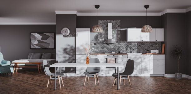 斯堪的纳维亚风格的厨房与图案瓷砖和卧室图片下载