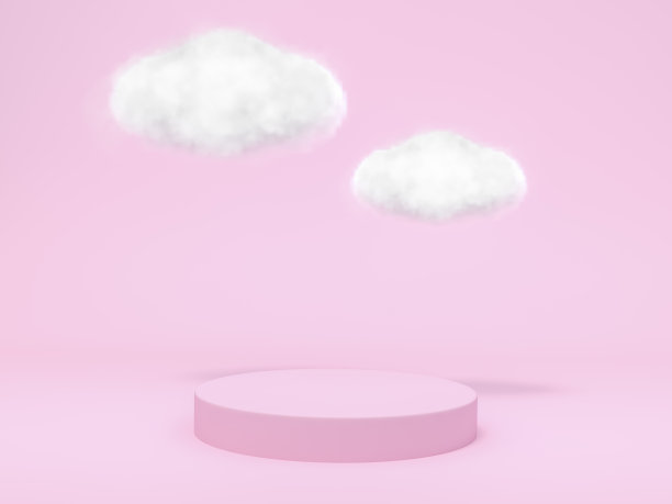 云与讲台显示站在粉彩背景3d渲染。雨季最小的概念。图片下载