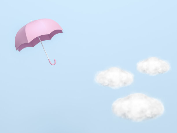 粉红色伞与雨云天空粉彩蓝色背景3d渲染。3d插图雨季贺卡模板最小的概念。图片下载