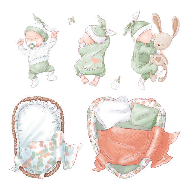 一套新生儿宝宝生日派对。手绘图片下载